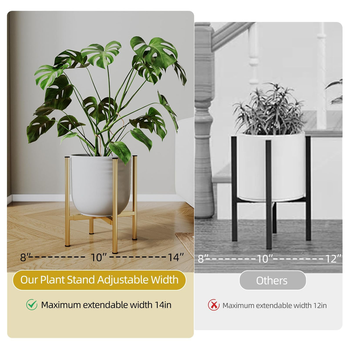 Rioneta Adjustable Metal Plant Stand Indoor, 8 to 14 Inch Pots Mid Century Modern Outdoor Planter Holder,Heavy Duty 160 LB Load, Corner Floor Small Stand for Home Garden Decor Golden