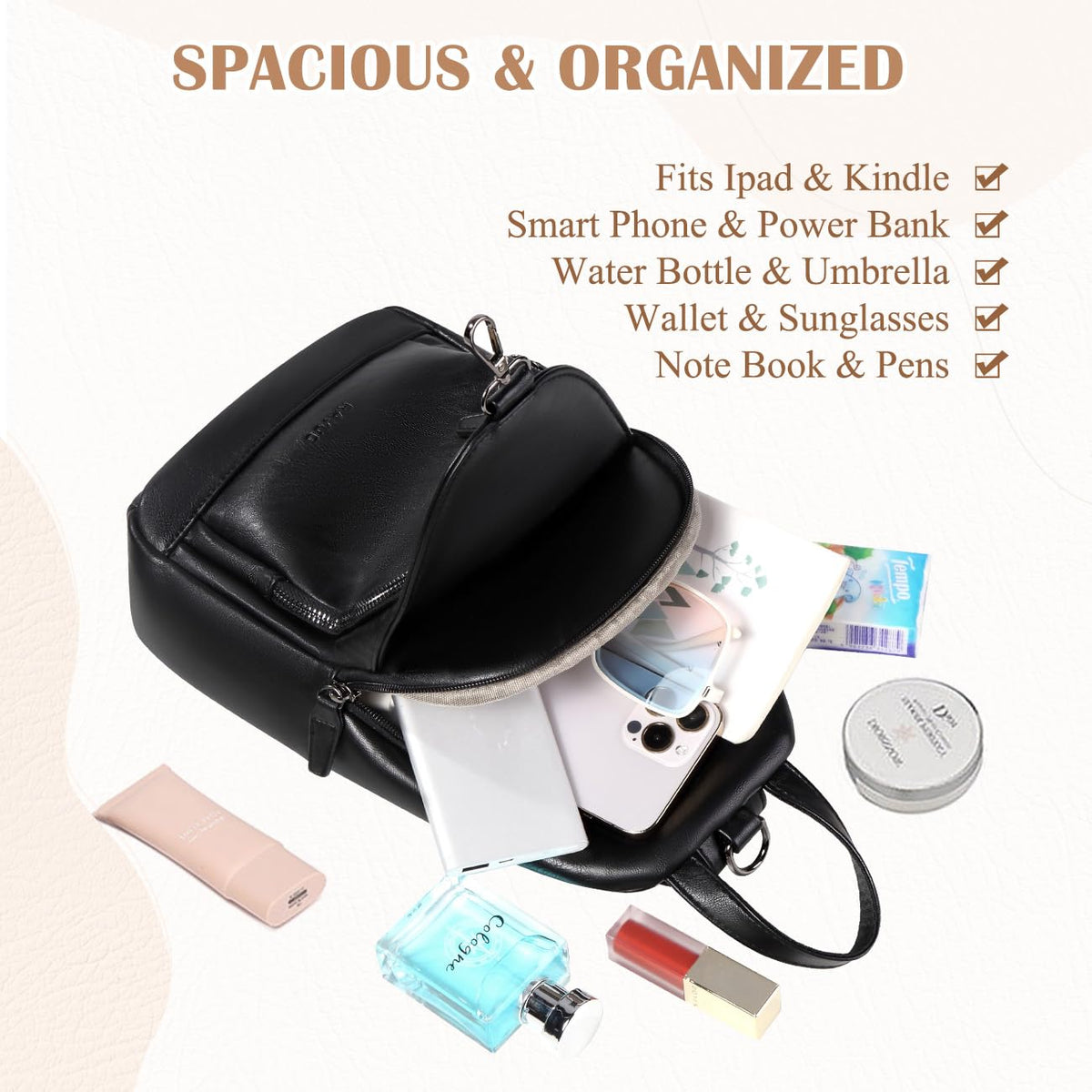 RAVUO Sling Bag for Women, Faux Leather Convertible Backpack Purse Ladies Anti Theft Cross Body Bag with Multi Pockets for Travel Cycling Hiking Shopping,Black