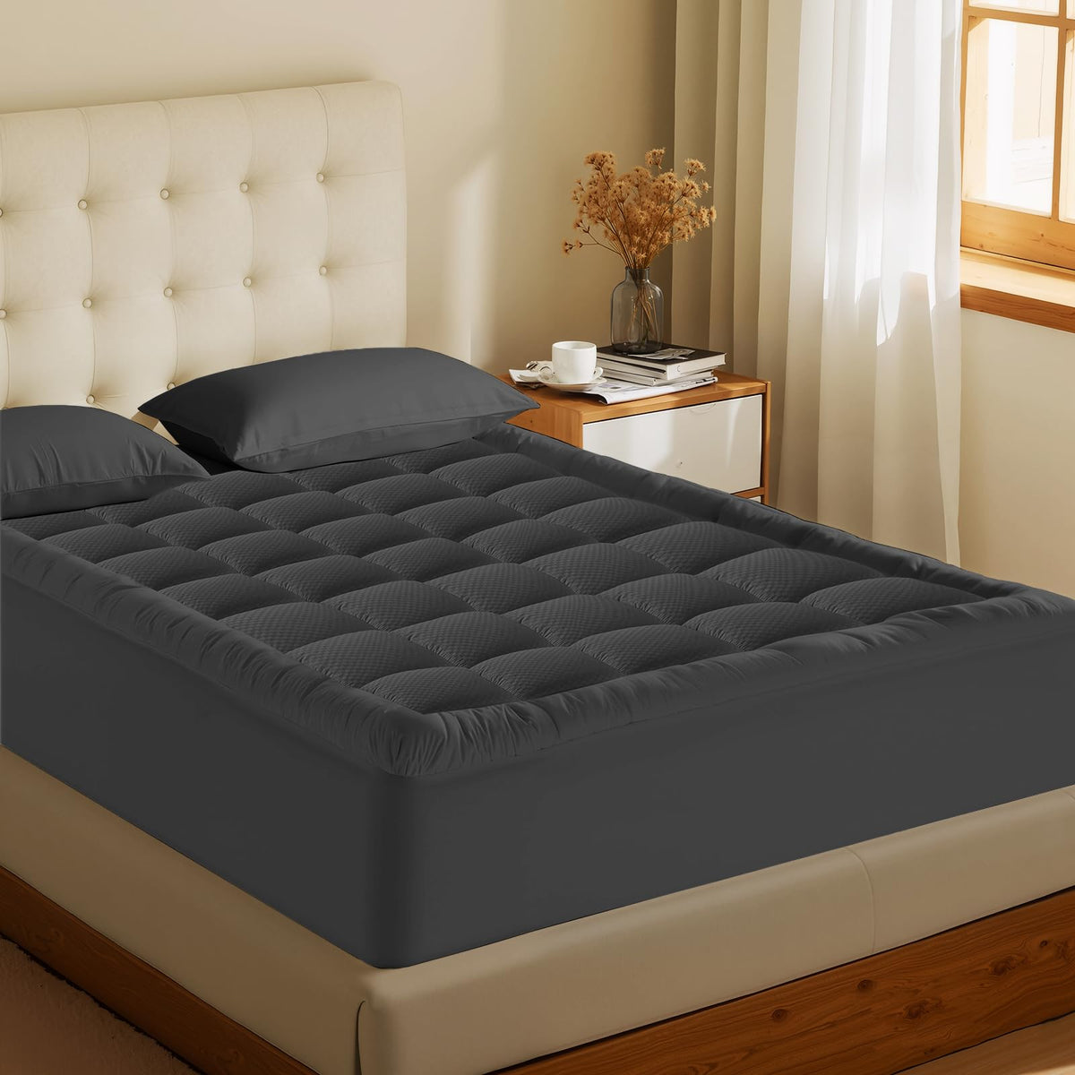 MATBEBY Queen Size Mattress Pad - Cooling Breathable Mattress Topper, Quilted Fitted Mattress Protector, Pillow Top Mattress Cover with 8-21" Deep Pocket, Machine Washable, Dark Grey, 60x80 Inches