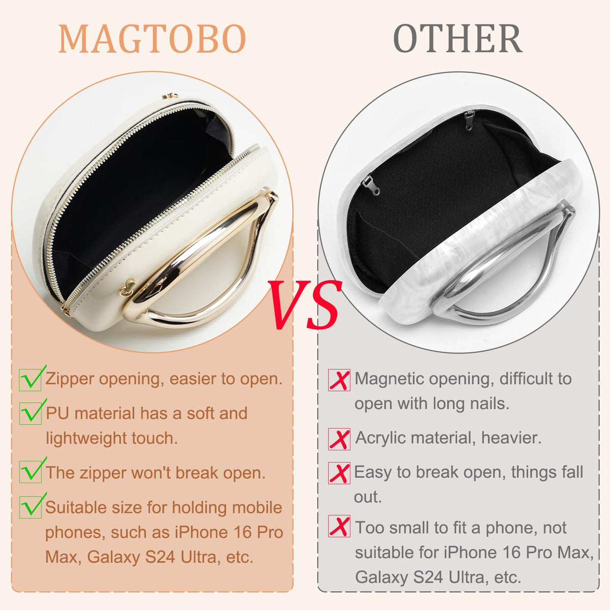 MAGTOBO Evening Clutch Purses for Women Formal, Zipper Lightweight Trendy Metal Handle Leather Evening Bag for Wedding Party (Leather Beige)
