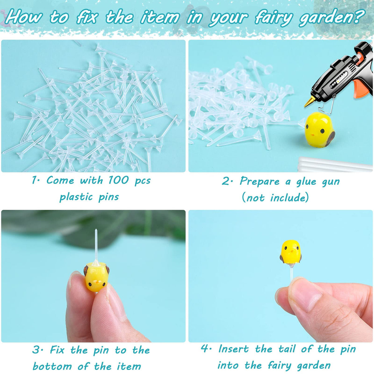 Modacraft 200Pcs Miniature Fairy Garden Accessories Including 100Pcs Fixed Pins, Fairy Garden Kit Fairy House Animal Figurines Mini Landscape for Garden Dollhouse Potted Plant Bonsai Terrarium Décor