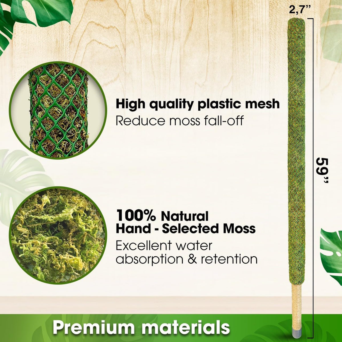 DUSPRO 59’’ Large Green Mesh Moss Pole Monstera Plant Support, Tall Plant Stakes, Moss Pole for Plants Monstera, Garden Pole, Moisture Stick for Plants (1pc., 59''), Natural
