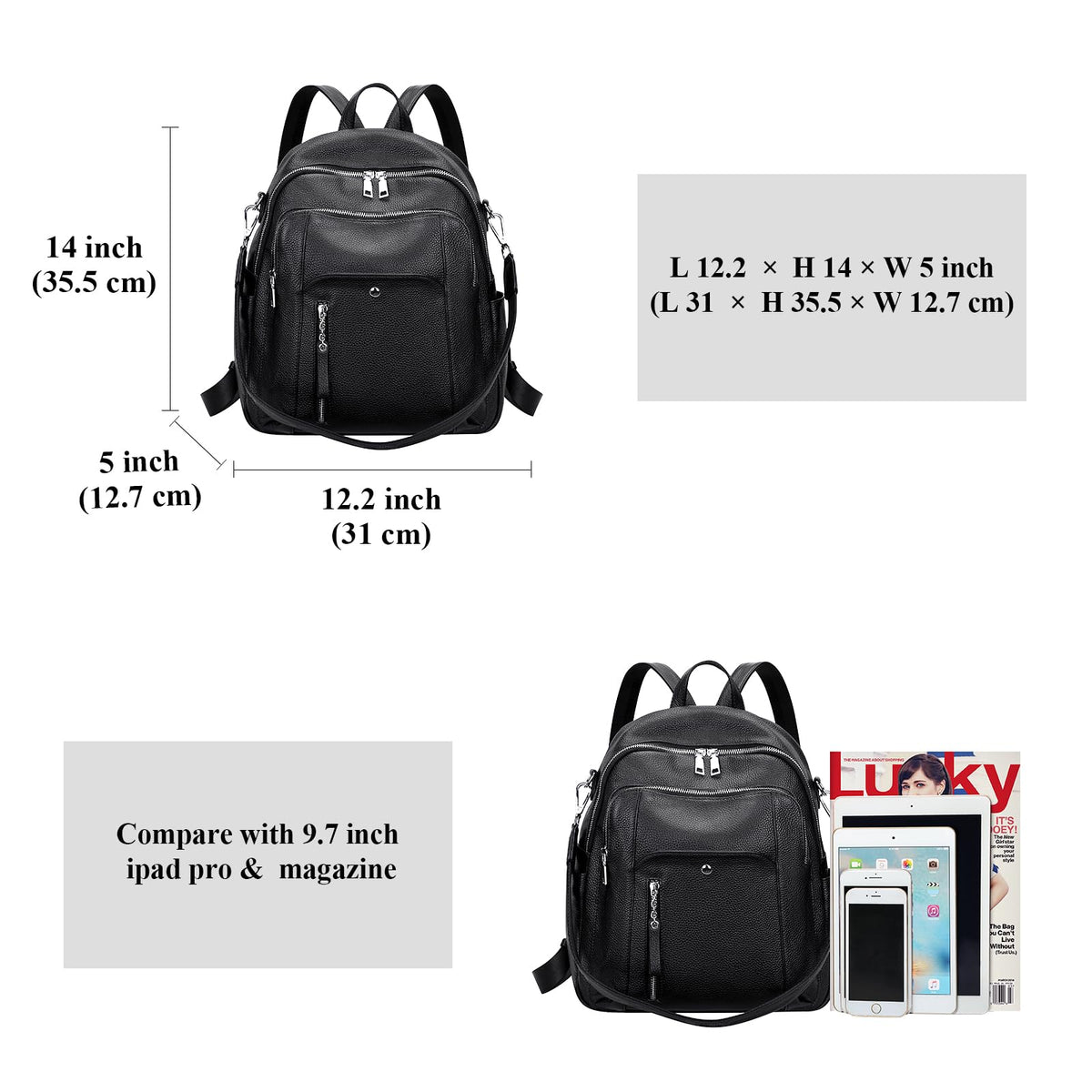 ALTOSY Fashion Genuine Leather Backpack Purse for Women Shoulder Bag Casual Daypack Medium(S9 Black New)
