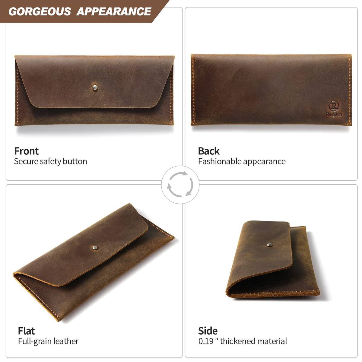 Ringsun Leather Money Cash Envelopes Wallet for Men, Money Bag Pouch Reusable Budget Envelope Wallet, Retro Clutch Wallet, Brown