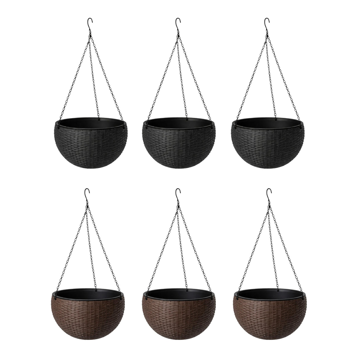 LaLaGreen Bundle- 3 Pack, 11 Black + 3 Pack, 11 Inch Brown Self Watering Hanging Plastic Basket Rattan Style Round Plant Flower Pots with Water Level Indicator Balcony Porch Modern Indoor Garden Decor