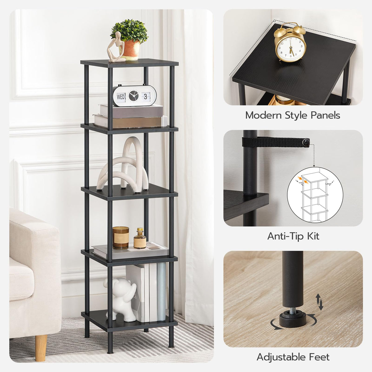 HOOBRO 5-Tier Corner Shelf Stand, Corner Square Rack Display Shelf, Tall Storage Rack Plant Stand, Corner Bookcase for Small Spaces, Living Room, Home Office, Kitchen, Black BK50CJ01