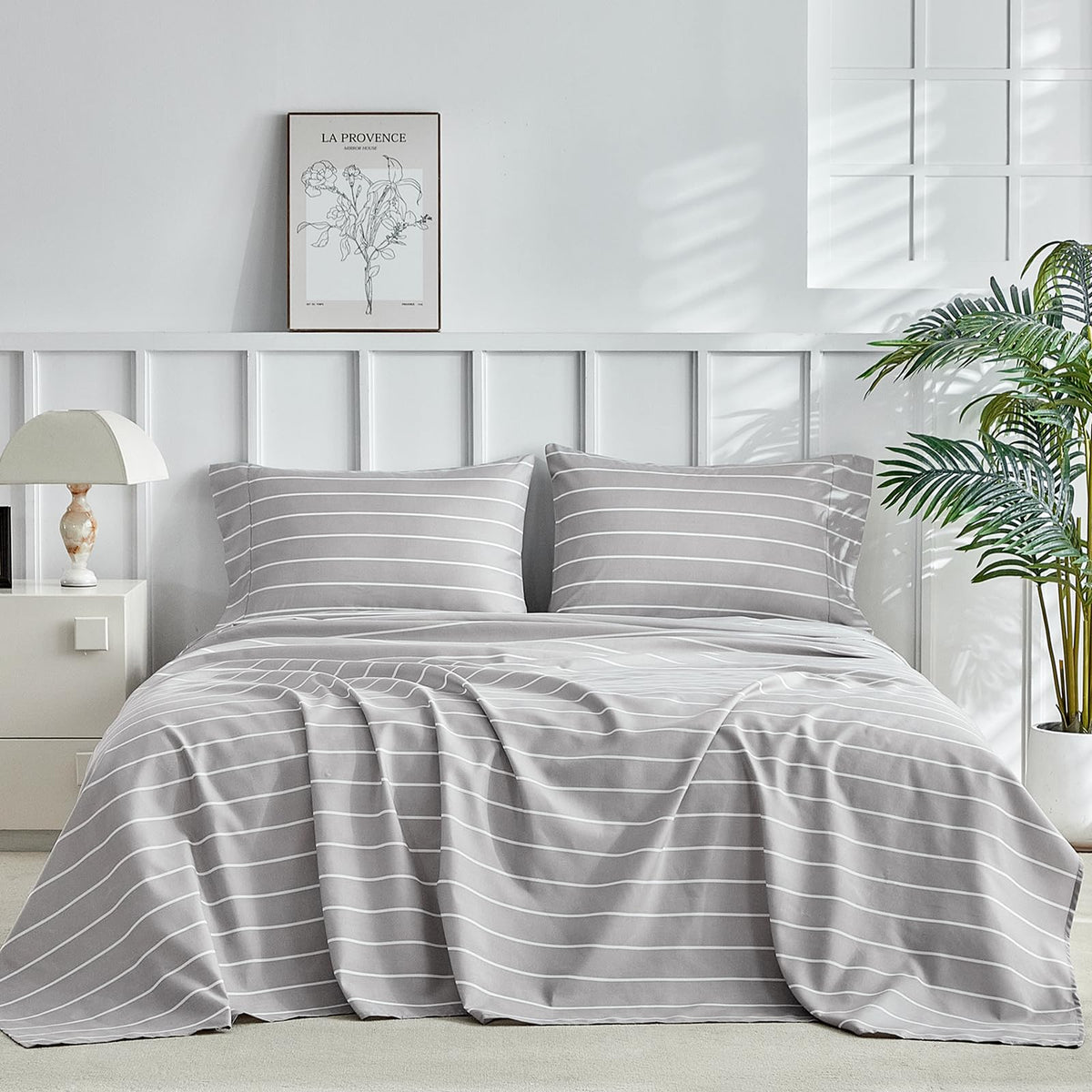Tokokimo Gray Stripe Sheets Set King Size, 16 inches Deep Pocket Fitted Sheet, Flat Sheet & Envelope Closure Pillowcases, Soft Breathable Microfiber Sheet Set 4-Piece, Gray and White