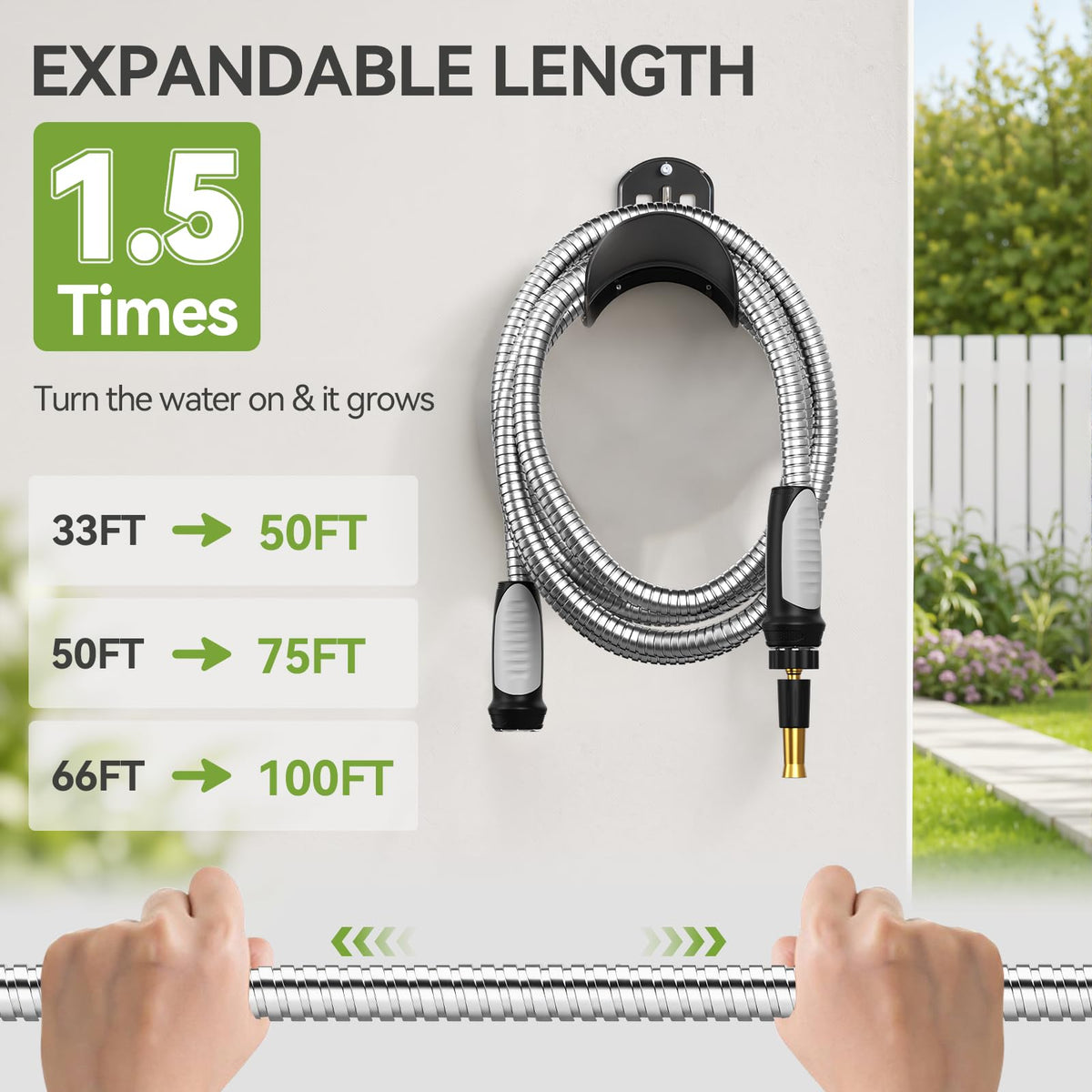 SPECILITE Expandable Garden Hose 50 FT, 304 Stainless Steel Heavy Duty Metal Water Pipe with Adjustable Nozzle - Flexible, Kink Free, Leak-Proof, Lightweight, for Outdoor, Yard, Lawn, Car Washing
