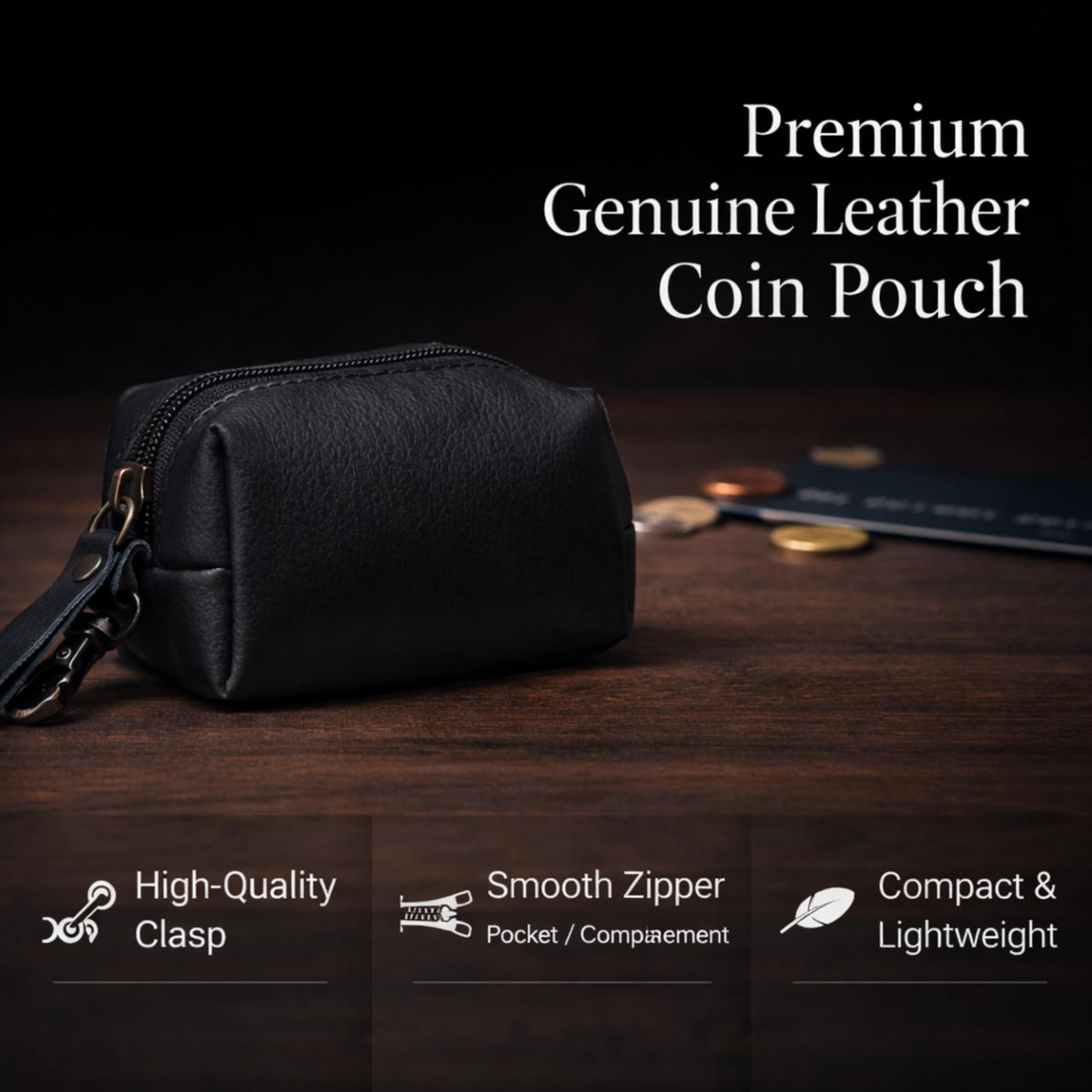 Leather Zipper Coin Pouch with Key Clip, Compact Change Holder Wallet for Men & Women, Small Leather Coin Purse for Cash, Keys, Earbuds, Everyday Carry Accessory (1, Black)