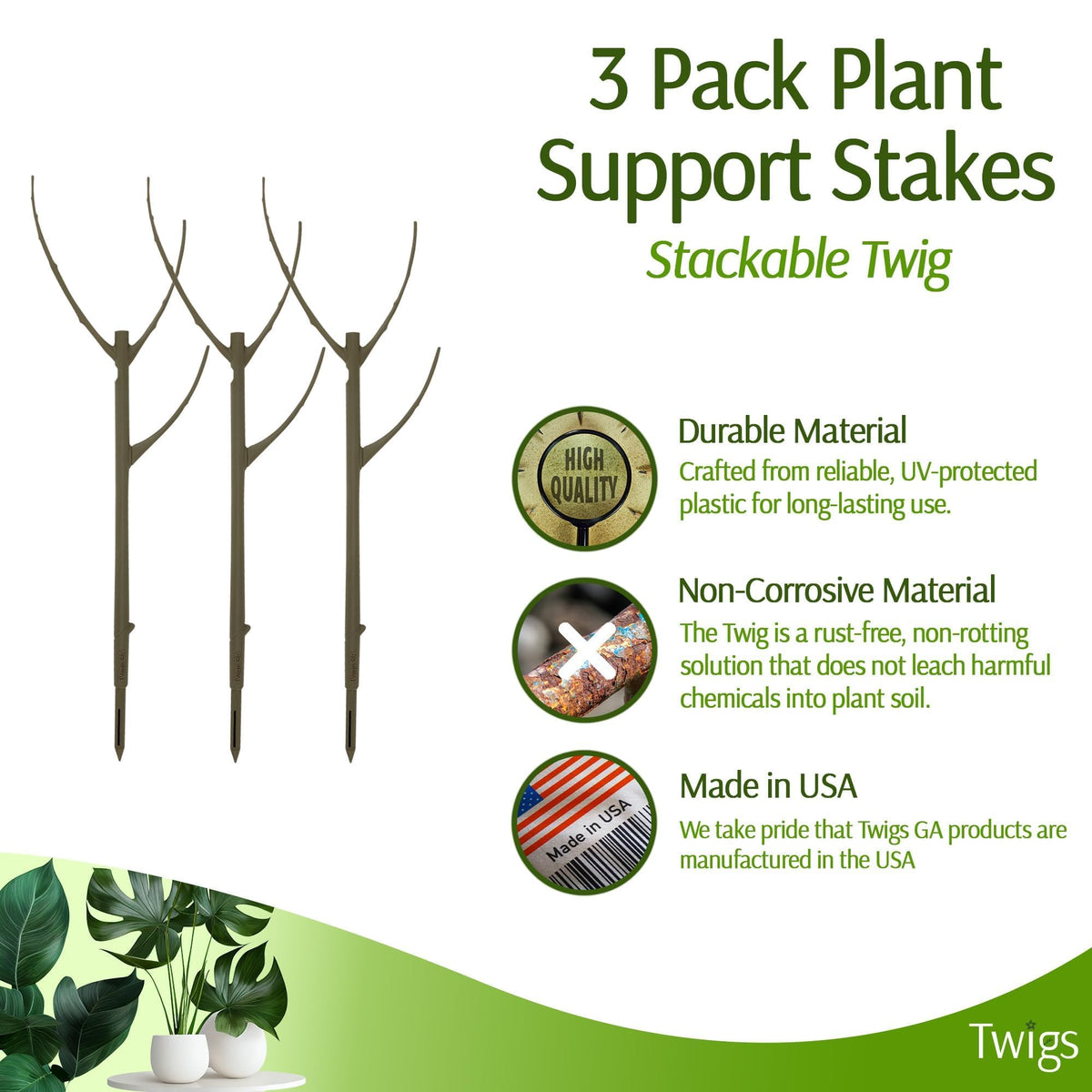 Twigs GA - Stackable Plant Support Stakes, Indoor & Outdoor Houseplant Stem Support, Garden Accessories, Durable Trellis Alternative for Climbing & Potted Plants - Moonstone, 3 Pack, 17" L