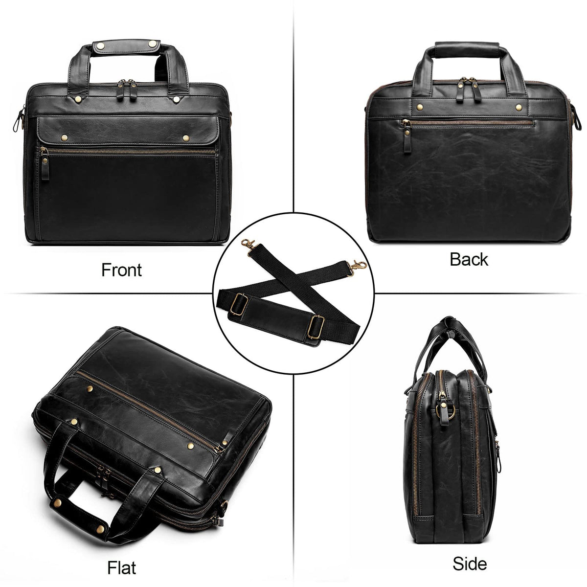 Bosidu Leather Briefcases for Men 15.6 Inch Laptop Messenger Bag with Triple Compartments Water-Resistant Computer Shoulder Bag for Business, Travel, Work, Office, Black
