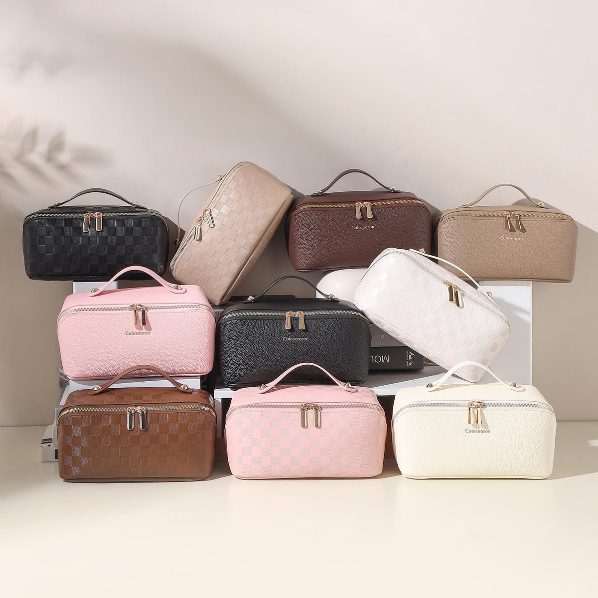 Cuteseason PU Leather Makeup Bag for Women, Structured Makeup Case with Wide Opening, Travel Cosmetic Bag with Compartments and Handle, Water-Resistant Makeup Organizer(Brown, Lychee Grain)