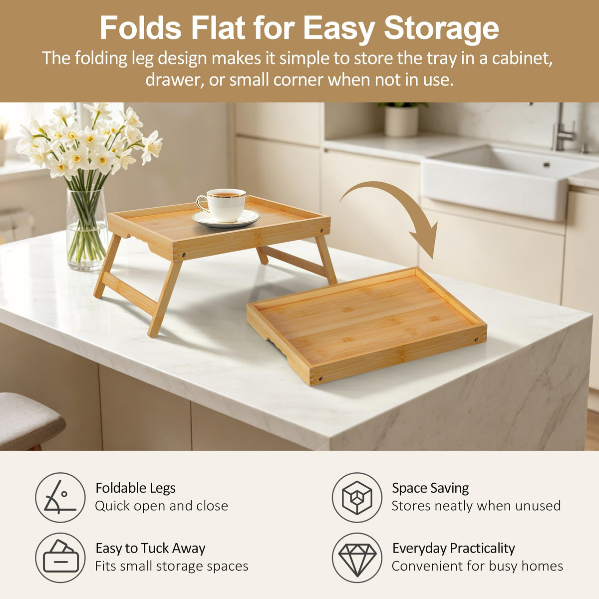 Breakfast Tray with Folding Legs Set of 2, Bamboo Bed Tray Table 15.7" Foldable TV Dinner Tray with Ergonomic Wave Handles for Bed Couch Sofa, Breakfast, Snacks, Coffee, Natural