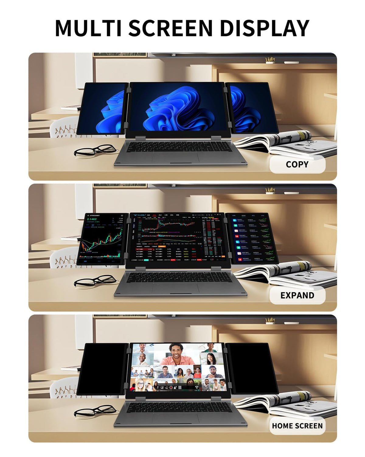 KOOFORWAY Triple Screen Laptop, 16" Main + Dual 10.5" Monitors, Core i7-12700H, 32GB RAM, 2TB SSD, Win 11 Pro, Wi-Fi 5, BT 5.0, Face & Fingerprint Unlock, USB-C, HDMI (16GB RAM + 1TB SSD)