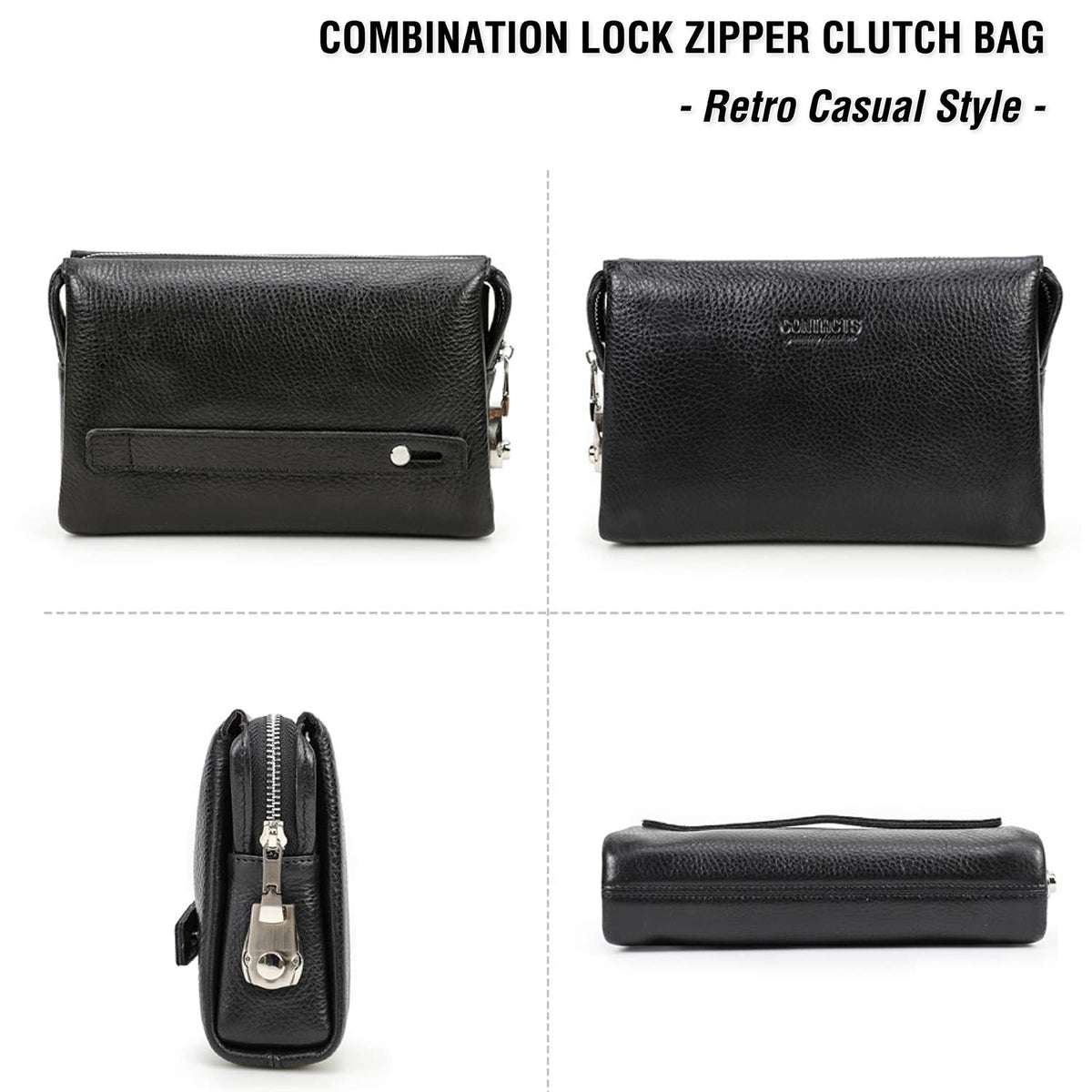 Top Grain Genuine Leather Handbag Wallet for Man & Woman, Handmade Retro Design, Combination Lock & Retractable Hand Strap & Multi Pockets/Slots, Portable RFID for Cards/Checks/Phone/Banknote, Black