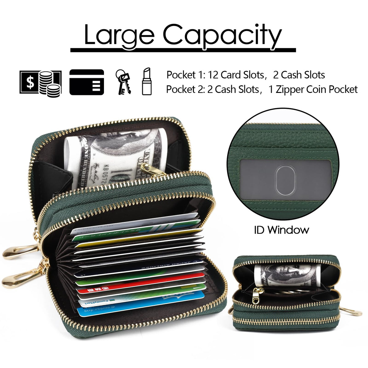 imeetu RFID Credit Card Holder, Small Leather Double Zipper Card Case Wallet for Women (Max,Green)
