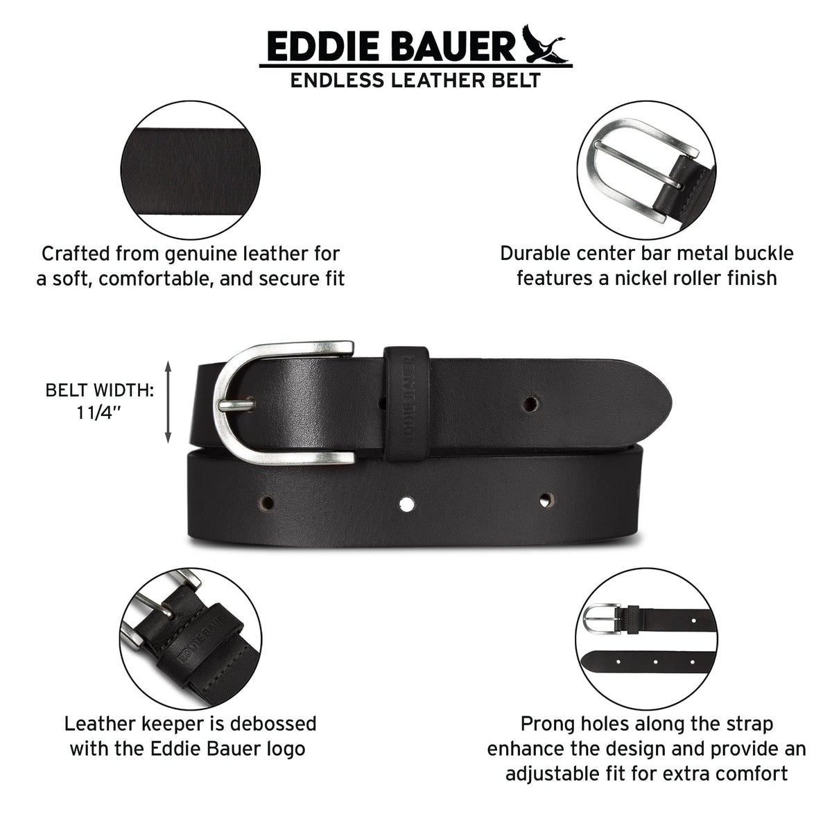 Eddie Bauer Women's Casual Leather Belts with Durable Metal Buckle, Endless Leather - Black, XX-Large
