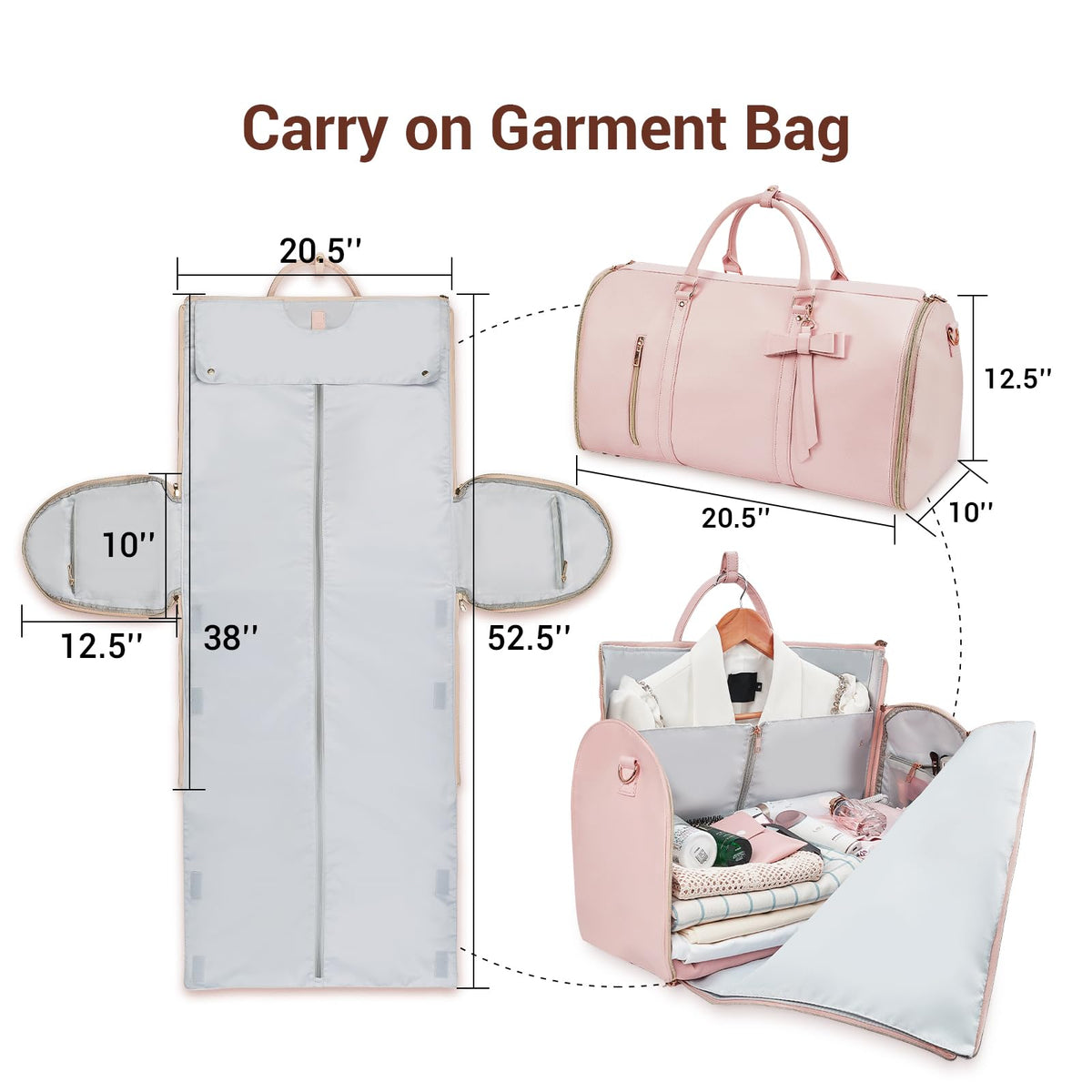 Garment Bags for Travel, Convertible Suit Travel Bag for Women, Stylish Carry On Garment Bag with Toiletry Pocket, Shoulder Strap and Shoes Compartment, 2 in 1 Foldable PU Leather Duffle Bag, Pink