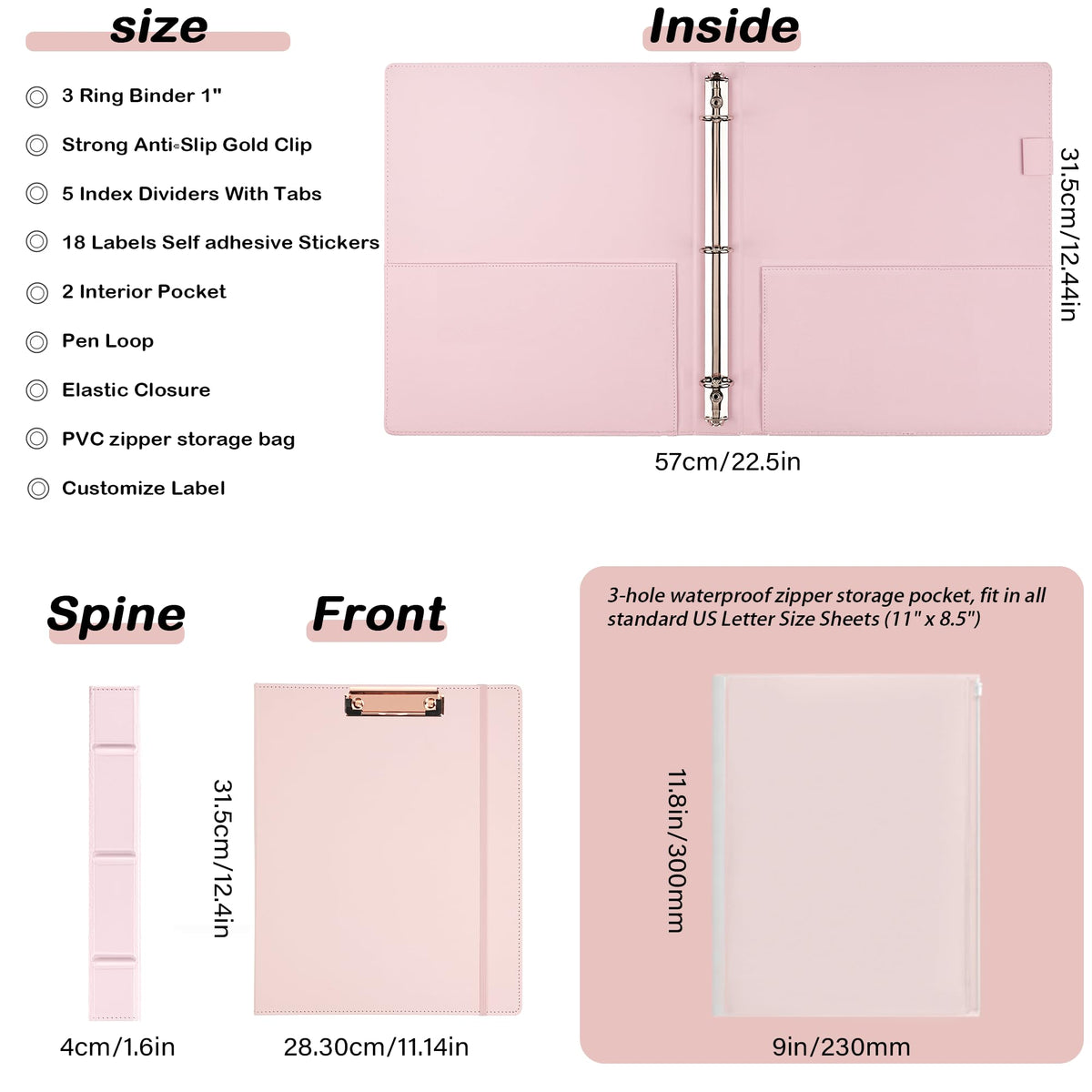 Etzul Hardcover 3 Ring 1 inch Leather Binder, Letter Size Binder Dividers with Tabs, PVC Zipper Pouch, Professional Organizer, Faux Rose Pink Leather
