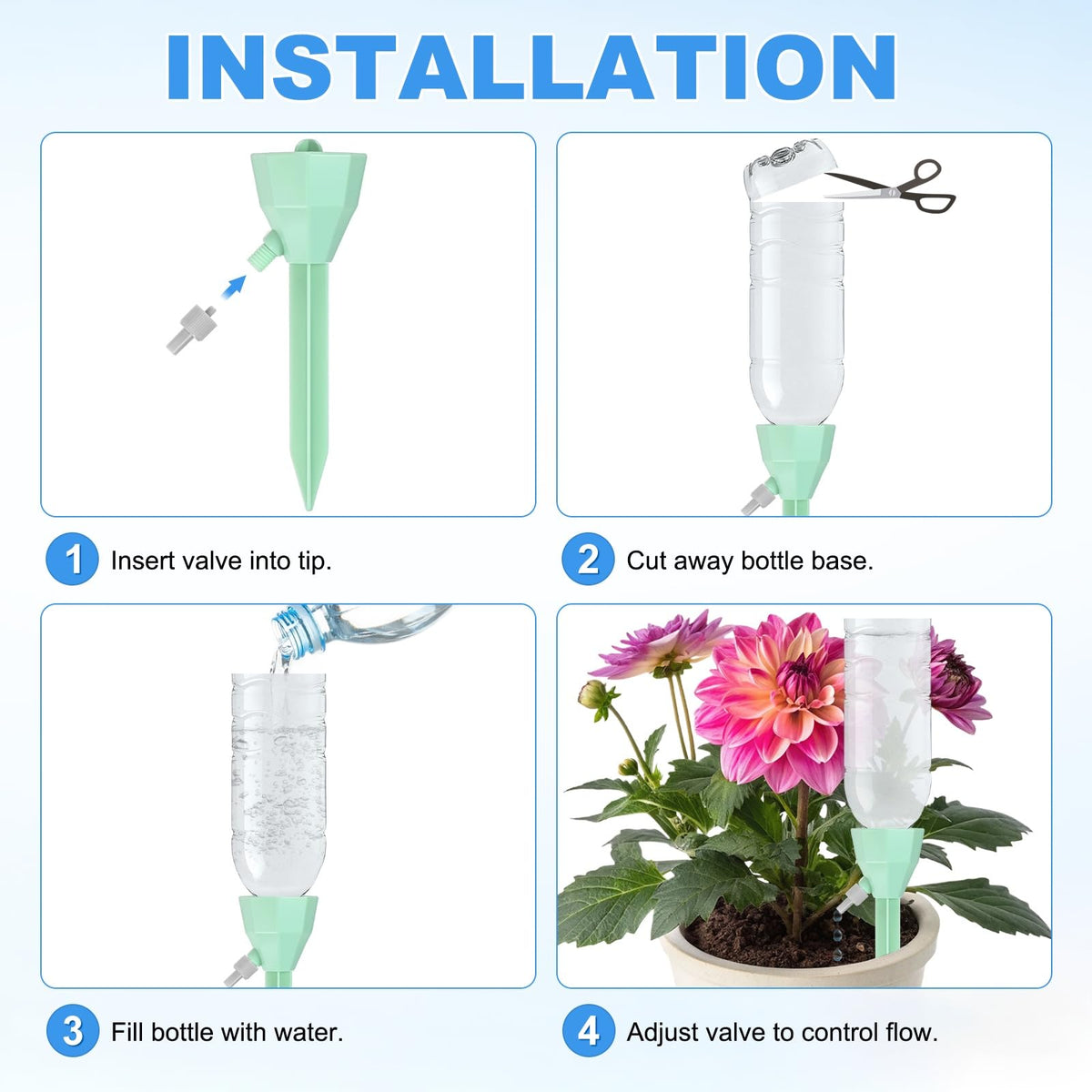 M METERXITY 8-Pack Self Watering Spikes for Plants, 5.3 Inch Plastic Plant Watering Devices with 8 Stoppers for Indoor/Outdoor Pots, Garden Water Planter System [Green]