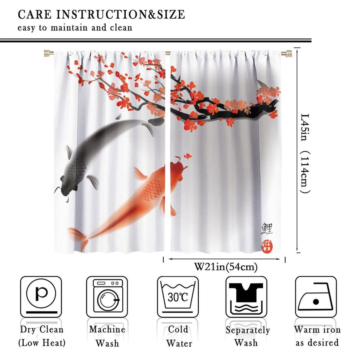 Japanese Style Curtains, Koi Fish Swimming Cherry Blossom Branch Design, Bedroom Living Room Decorative Room Noise Reduction Darkening, 2 Sets of Panels, 42x45 in. Orange Gray
