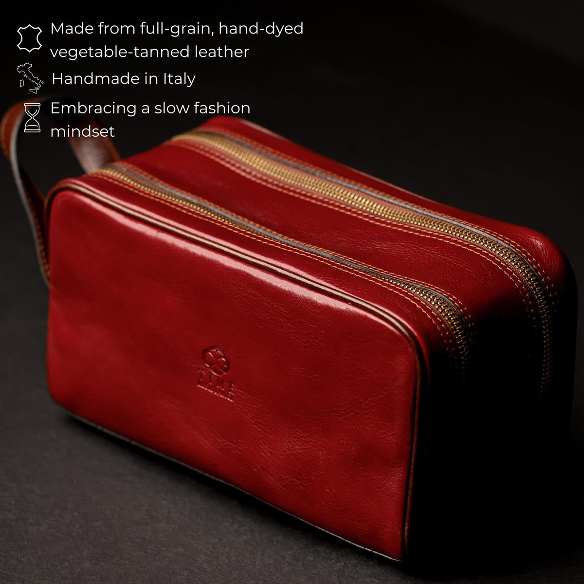 Time Resistance Leather Cosmetic Bag - Italian Toiletry Dopp Kit (Red)