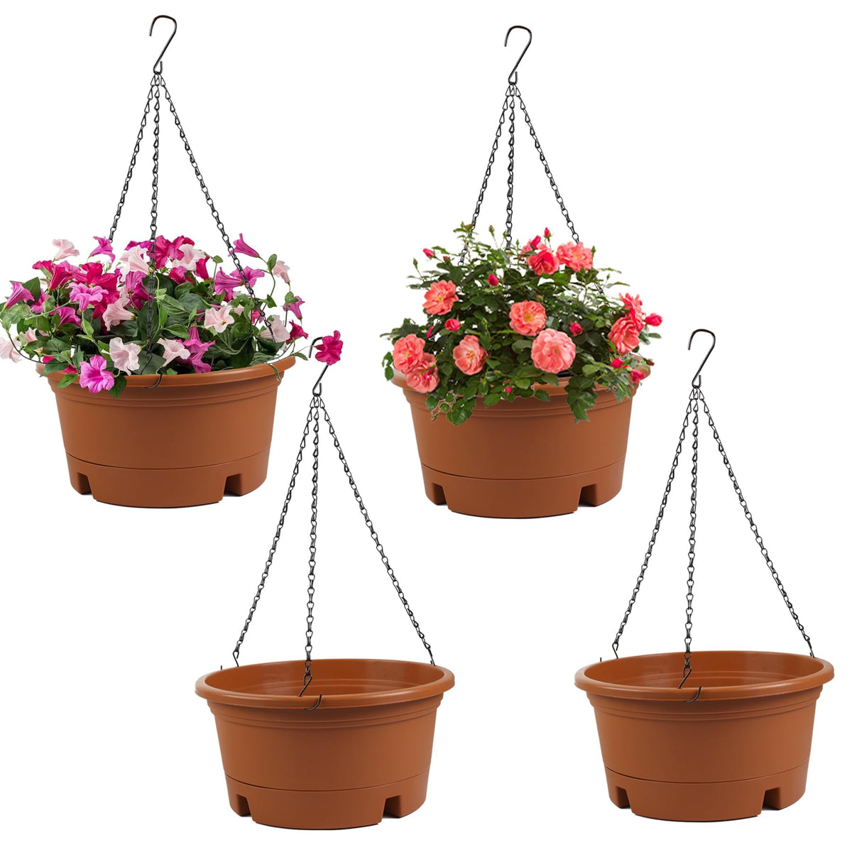 12 Inch Large Hanging Planters for Ootdoor Plants, 4 Pack Plastic Hanging Basket Pots with Drainage Trays & Chain, Hanging Pots for Plants Indoor Outdoor Garden Balcony Decoration (Terracotta)