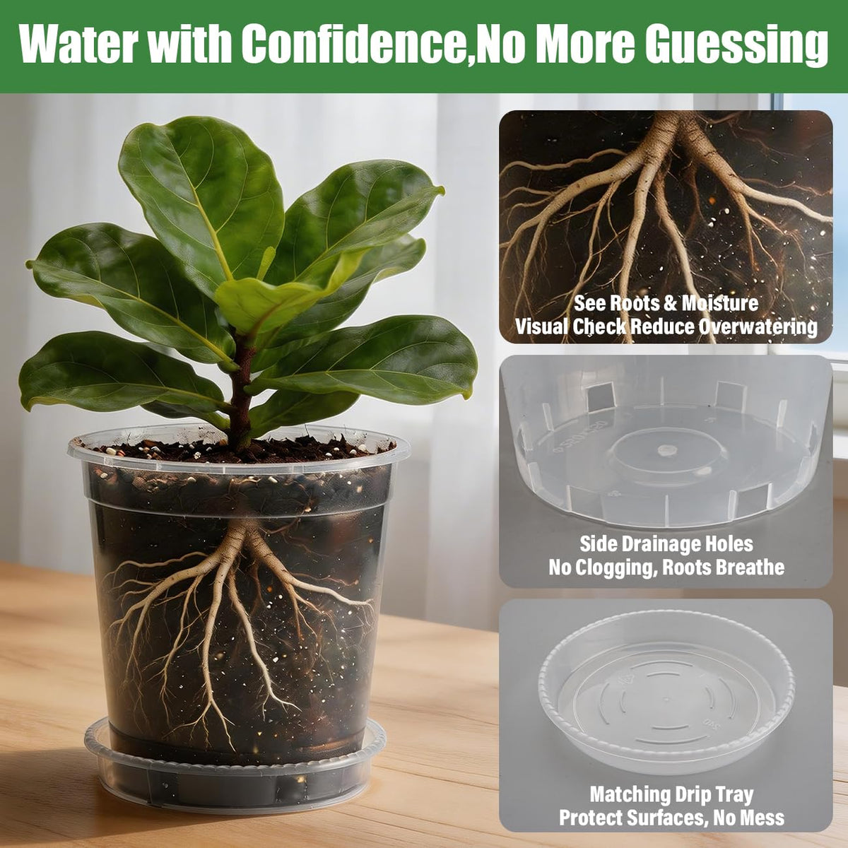 BTPLASTIK 2 Gallon Clear Nursery Pots with Saucers 5P, 7.5 Inch Round Plastic Plant Pots with Drainage Holes