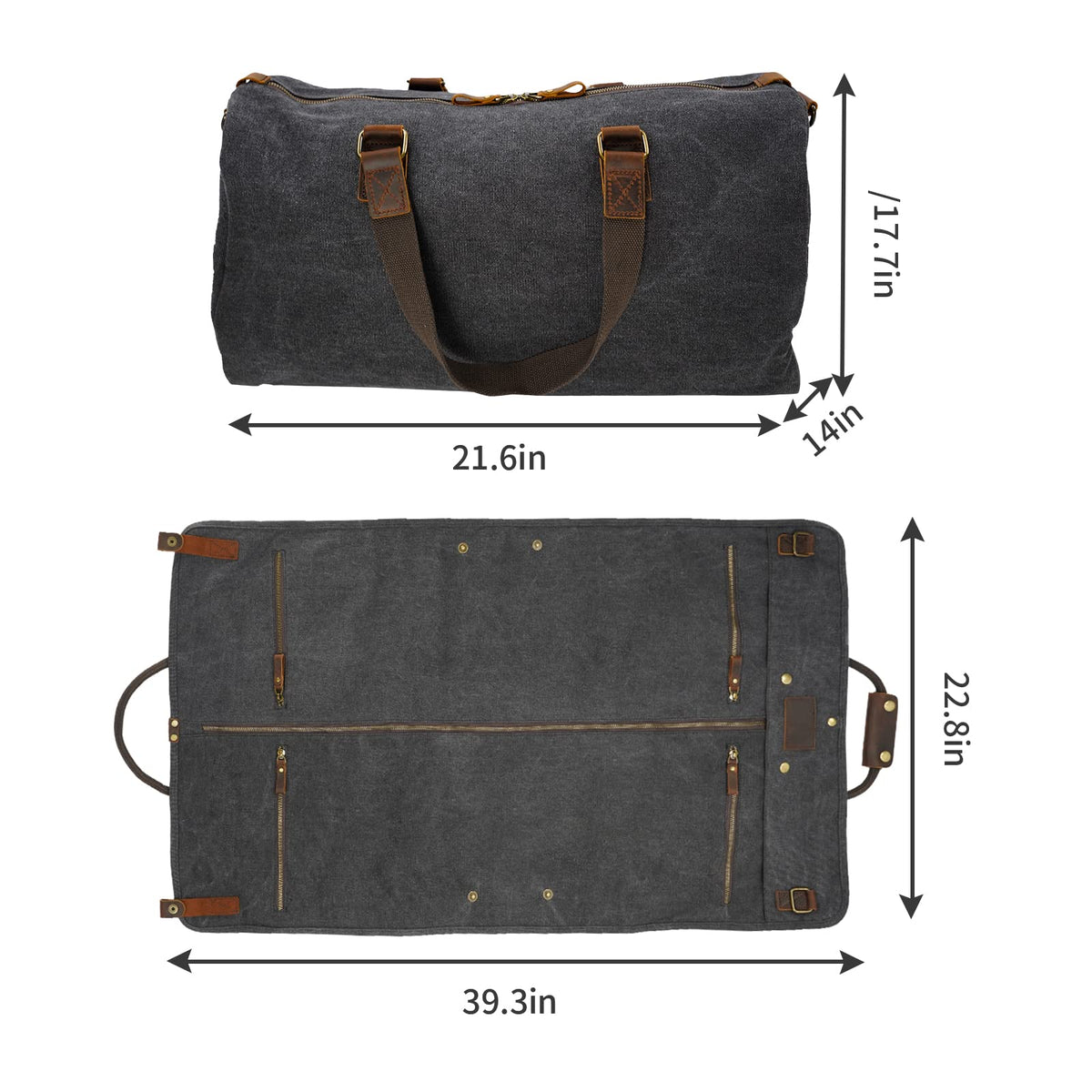 2 in 1 Suit Garment Duffle Convertible Carry-on Bag With Canvas Leather Shoulder Strap for Travel, Business Trips, Storage - Hangding Suit, Clothes, Dresses, Shoes (Black)