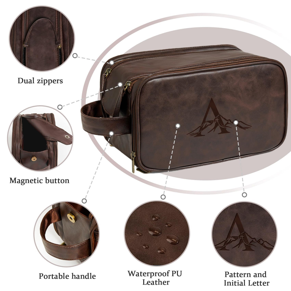 Janhavi Leather Toiletry Bag for Men, Personalized Laser Engraved Initials & Mountain, Toiletry Bag For Shower Caddy, Cruise Ship Essentials, Groomsmen Gifts, Men's Accessories (Dark Brown E)