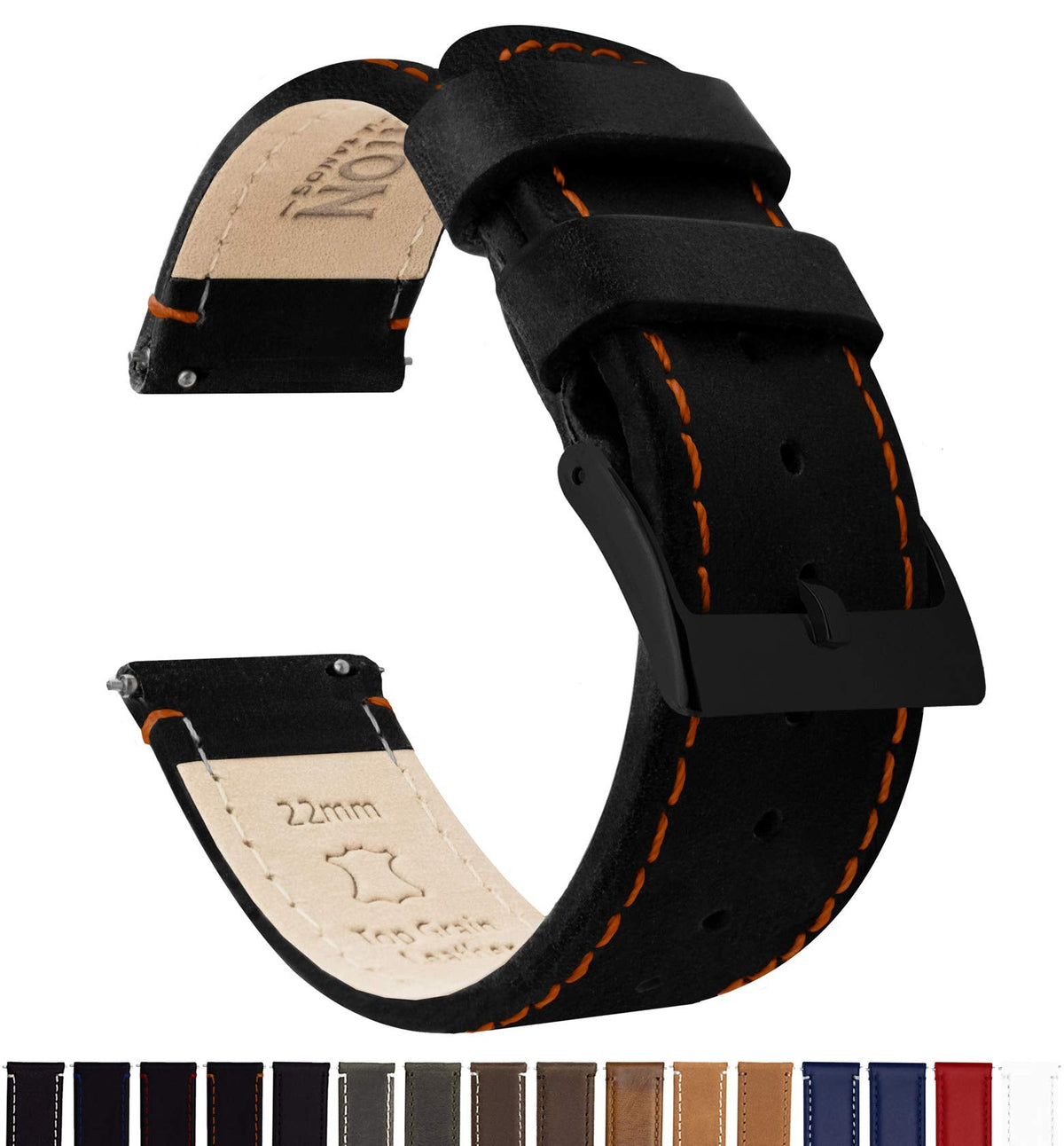 BARTON WATCH BANDS 18mm Black/Orange Stitching Quick Release Leather Black Buckle Watch Band Strap