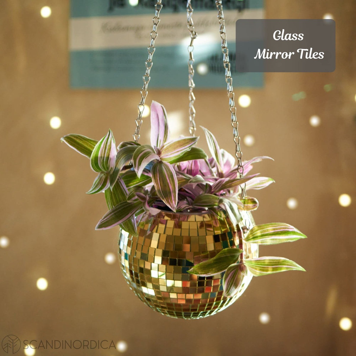 SCANDINORDICA Disco Ball Planter 6" Gold with Chain and Macrame Hanger and Disco Ball Planter Pot 4.3" with Saucer (0.2x0.2 mirror tiles)