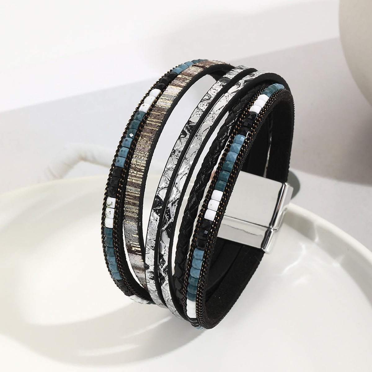 Fesciory Leather Wrap Bracelets for Women, Boho Leopard Multi-Layer Crystal Beads Cuff Bracelet Jewelry (Boho Braid(Black))