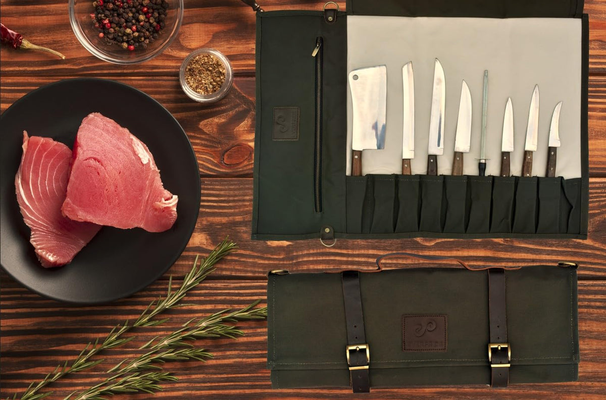 EVERPRIDE Stunning Waxed Canvas Roll Bag in Rich Dark Green w Genuine Leather Trim. Handsome Professional Chef Knife Roll Bag with upto 14" Knives and Storage Compartments A Super Gift