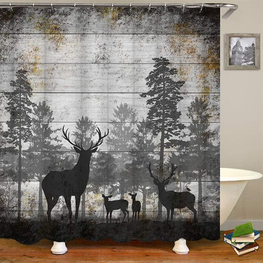 RnnJoile Rustic Deer Shower Curtain Wild Animal in Black and Grey Forest Bath Curtain Vintage Elk Bathroom Decor Waterproof Fabric Cloth with 12 Hooks 72"x72"