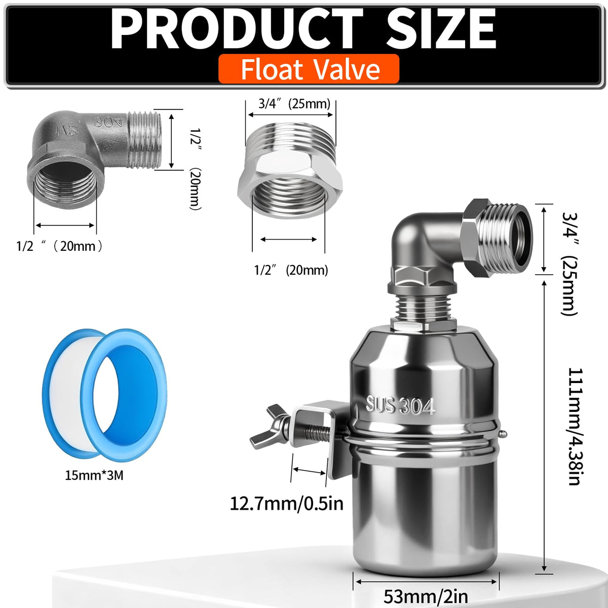 1/2“ 304 Stainless Steel Automatic Water Level Control Float Valve for Water Tank, Cattle Trough, Pools, Livestock (With Elbow, Metal Clip, 1/2" to 3/4" adapter) (2-Pack)