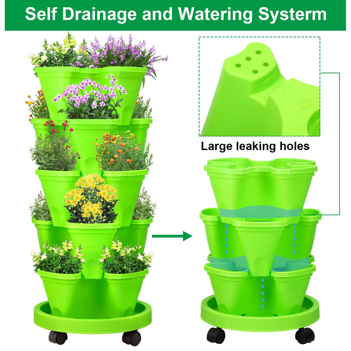 Umigy 2 Set 5 Tier Stackable Planters Vertical Garden Planters for Strawberry Herb Flower and Vegetable Indoor Outdoor Gardening Pots with Removable Wheels and Bottom(Green)