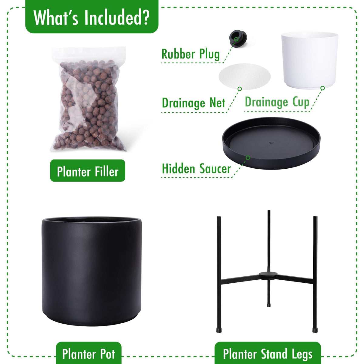 D'vine Dev Modern Black Plants Pot Cylinder Planter with Heavy Duty Stand, Small 8 Inch Pot, 12.6 Inch with Stand Height, 96-T-B-1