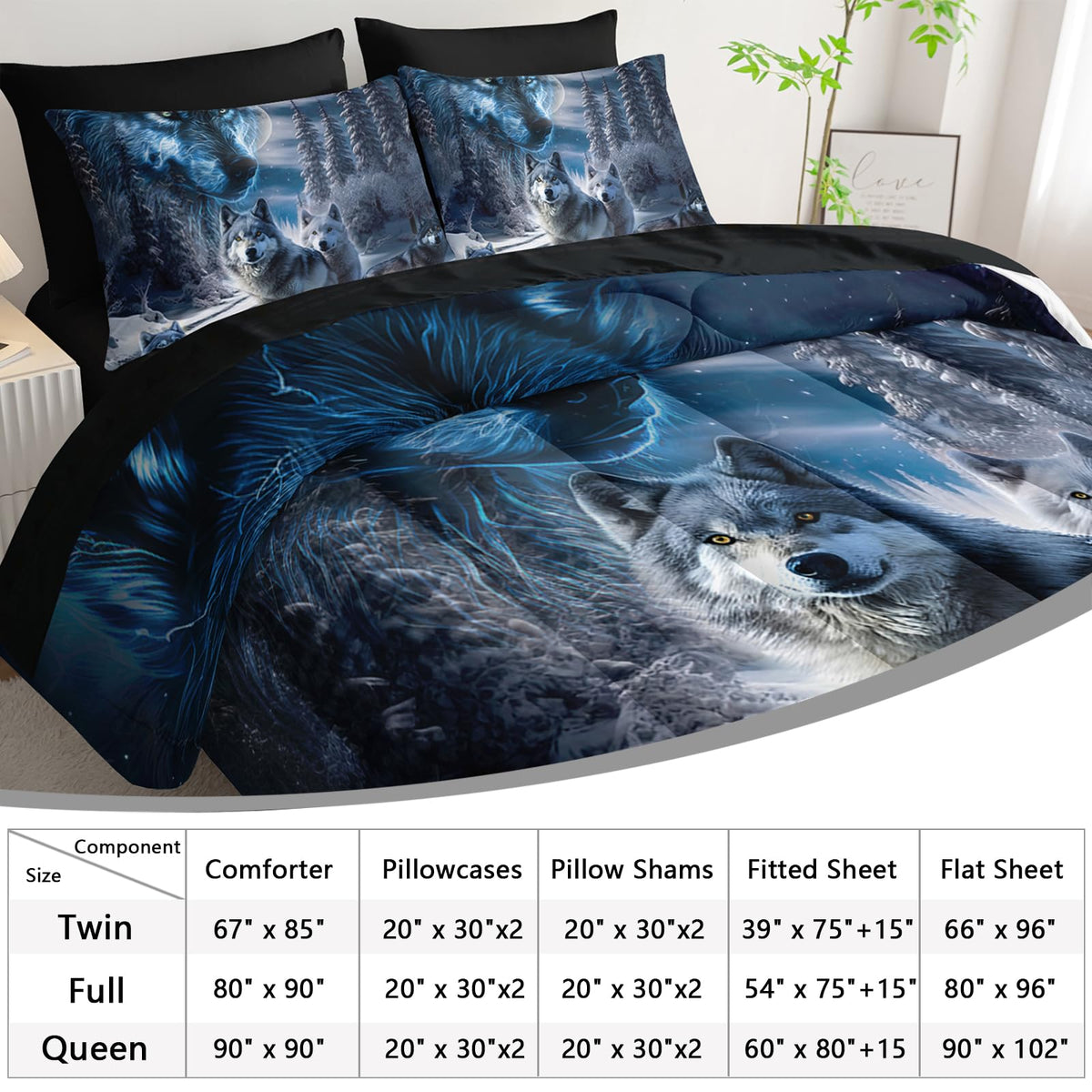 AILONEN Boys Snow Wolf Comforter Set Full 7-Piece Bed in a Bag - Printed Bedding Set for Kids Adults, Safari Animal Comforter, Fitted Sheet, Flat Sheet, 2 Pillowcases, 2 Pillow Shams - Black