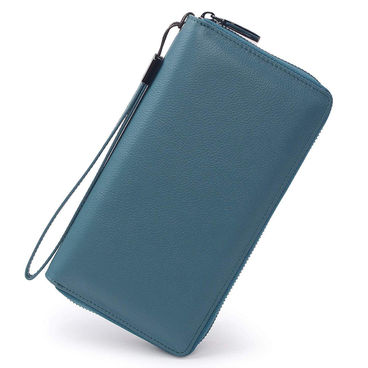Bveyzi Women RFID Blocking Wallet Leather Zip Around Phone Clutch Large Capacity Ladies Travel Purse Wristlet (Lake Blue)