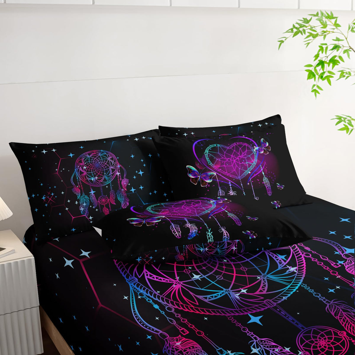 AILONEN Neon Love Comforter Set Twin Size,7-Piece Soft Bed in a Bag,Black Purple Dreamcatcher Comforter & Fitted Sheet & Flat Sheet & 2 Pillowcases,2 Pillow Shams for Bedroom