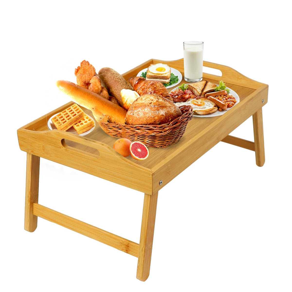 MorTime Bed Tray Table with Folding Legs, Bamboo Breakfast Tray with Handles for Bed, Sofa, Eating, Working, Foldable Laptop Desk Food Snack Tray Serving Tray