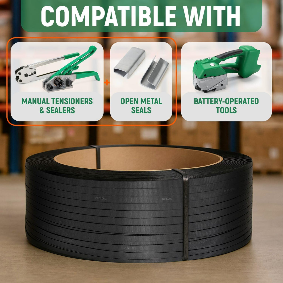 Paclord 1/2" x 7200' Heavy-Duty Polypropylene (PP) Strapping Coil - 0.031" Thick Banding Strap, 16" x 6" Core, 600 lbs Break Strength, Black - for Bundling and Packaging - Flexible, Weather Resistant