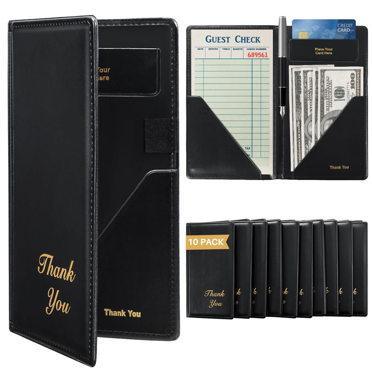 FLKQC Leather Restaurant Check Presenters, 10 Pack 9" x 5" Guest Check Card Holder with Gold Thank You Imprint for Severs, Bill Book Restaurant Supplies for Restaurants, Bar and Cafe (10, Black)