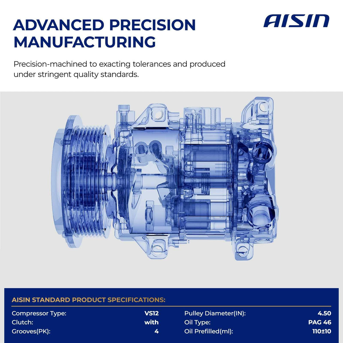 AISIN AFTERMARKET ACCHY-00943 Air Conditioner AC Compressor - Compatible with Hyundai Accent 2010-2011 1.6L - with 4-Pulley Groove, with Clutch