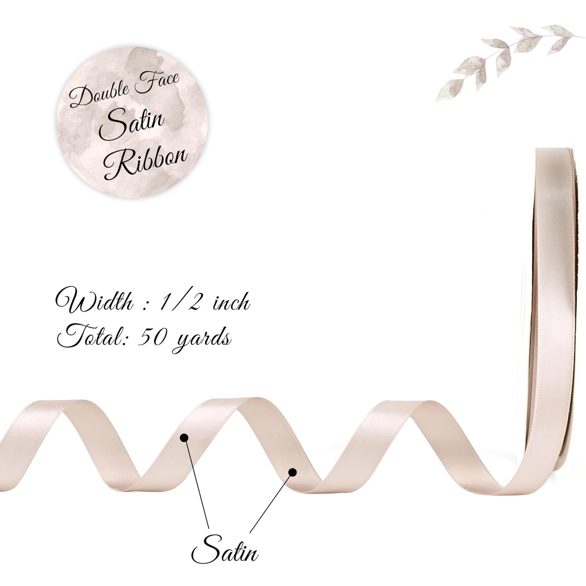 DINDOSAL Taupe Satin Ribbon, 1/2 Inch x 50 Yards, Thin Ribbon for Crafts, Wedding Decor, Gift Wrapping, Hair Bows, Christmas Decor