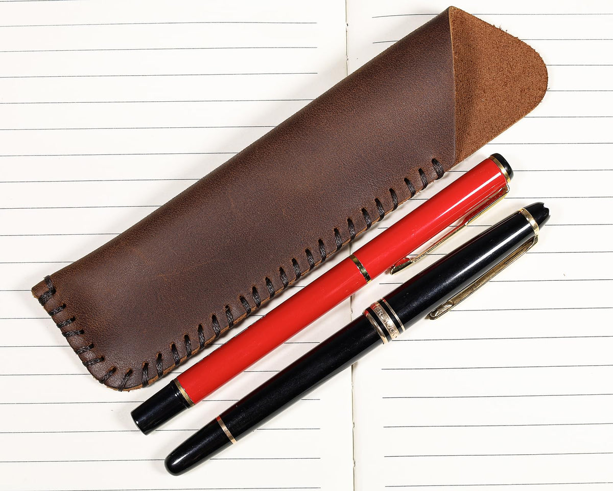 Handmade Genuine Leather Double Pen Case Fountain Pen Sleeve Holder Pouch Cover Vintage (Coffee)