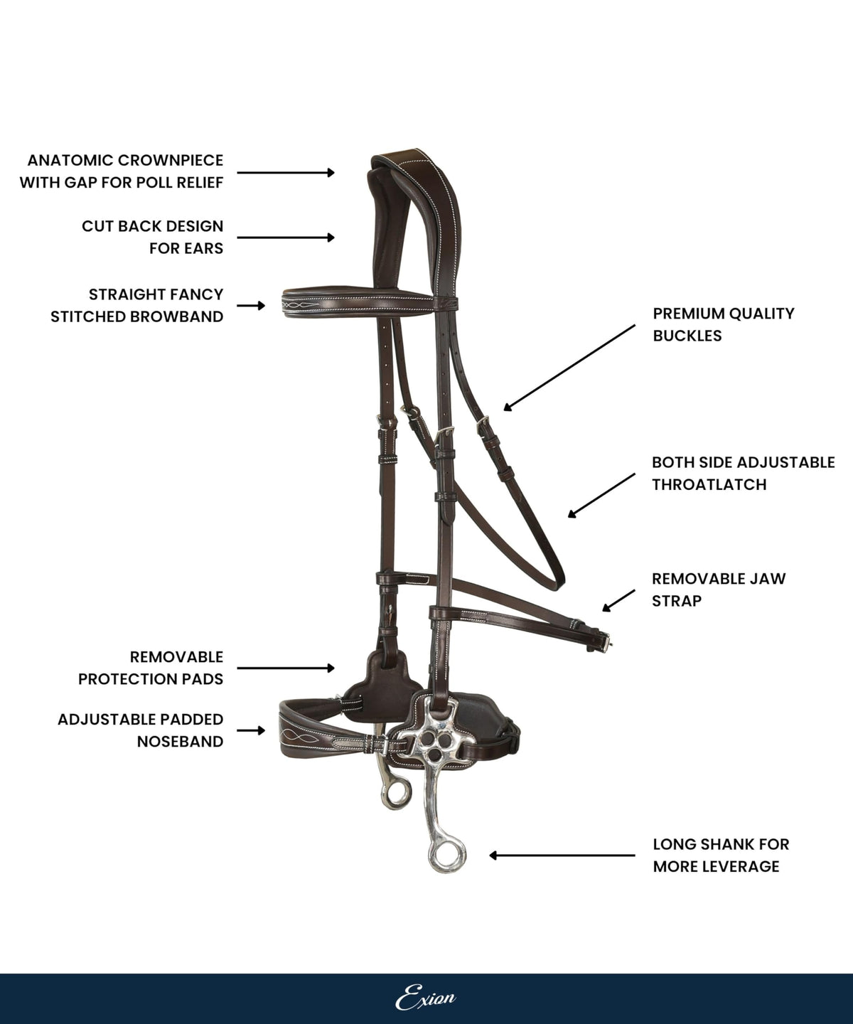 Exion Nova Hackamore Bridle – Anatomical Bitless Horse Bridle with Rubber Reins – Padded Anti-Pressure Crownpiece – Vegetable-Tanned Leather Bitless Bridle for Jumping & Training