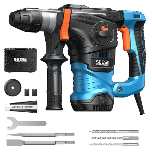 Seesii Heavy Duty Rotary Hammer: 13 Amp 1-1/4" SDS-Plus Demolition Hammer Drill for Concrete, Brick & Stone, 6J Power with 4 Functions, Safety Clutch & Reduced Vibration, with Drill Bits and Chisels