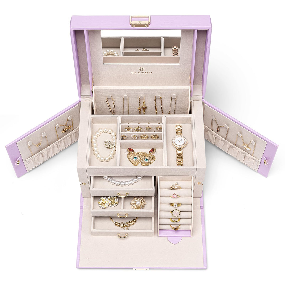 Vlando Mirrored Jewelry Box Organizer, Leather Jewelry Storage Case, Necklaces Earrings Rings Brackets Box Holder, Purple